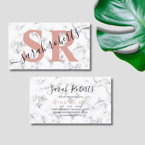 Editable monogram name marble rosegold business card