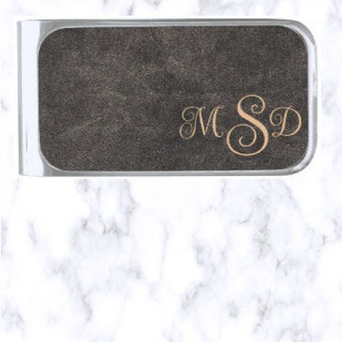 Editable Monograms on Leather Design Silver Finish Money Clip