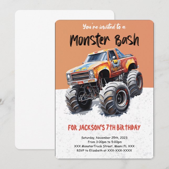 Editable Monster Truck Birthday  Invitation (Front/Back)