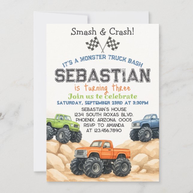 Editable Monster Truck Birthday Invitation Templat (Front)