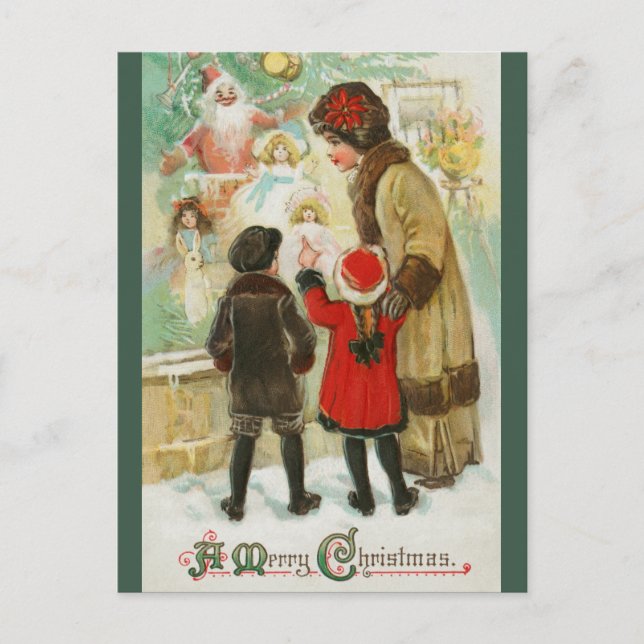 Editable Mother and Kids Store Window Christmas Postcard (Front)