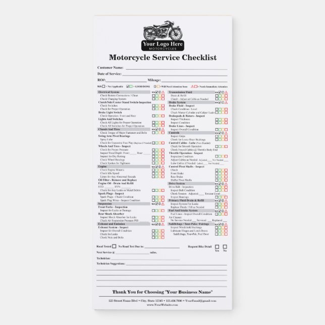 Editable Motorcycle Service Checklist Magnetic Notepad (Front)