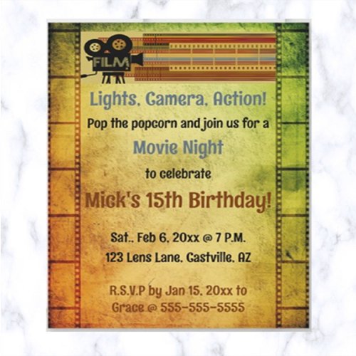 Editable Movie Night Birthday Party  Invitation