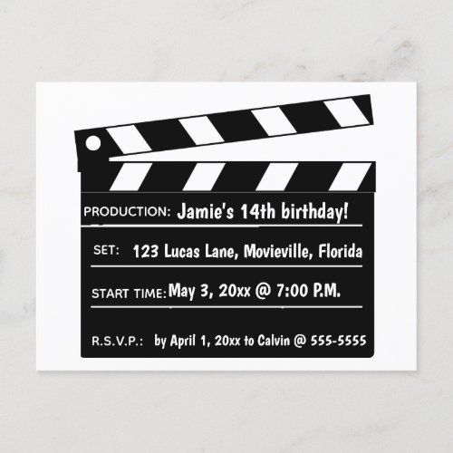 Editable Movie Night Clapperboard Birthday Party  Invitation Postcard