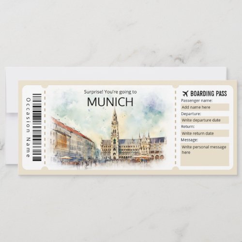 Editable Munich Plane ticket Germany Boarding Pass Invitation