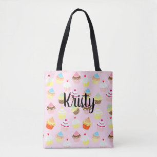 Editable Name Cute Cupcake Art Pink Tote Bag