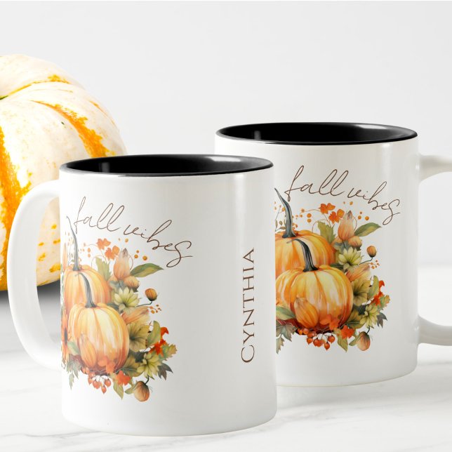 Editable Name Cute Orange Pumpkin Harvest Fall Two-Tone Coffee Mug (Creator Uploaded)