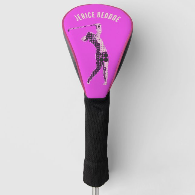 Editable Name Female Golfer on Pink Golf Head Cover (Front)