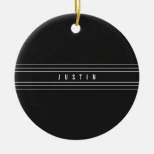 Editable Name & Geometric Stripes   Black & White Ceramic Ornament