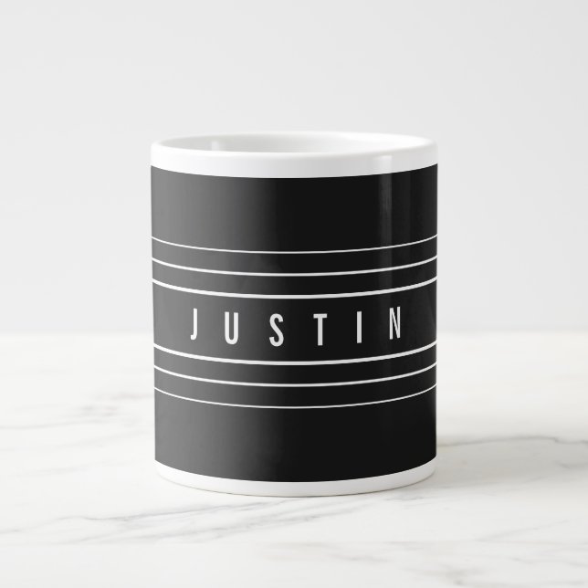 Editable Name & Geometric Stripes | Black & White Giant Coffee Mug (Front)