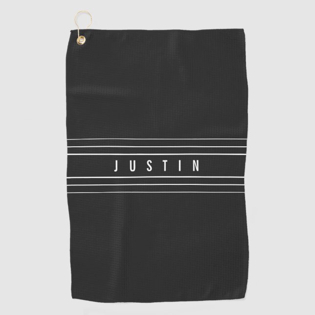 Editable Name & Geometric Stripes | Black & White Golf Towel (Front)