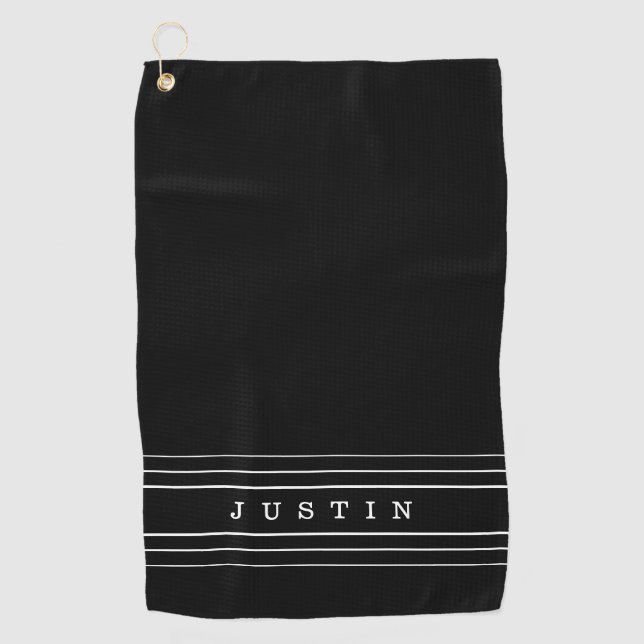 Editable Name & Geometric Stripes | Black & White Golf Towel (Front)