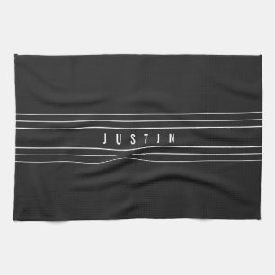 Editable Name & Geometric Stripes Black & White Kitchen Towel