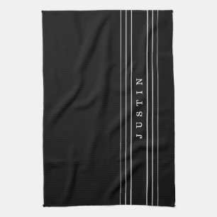 Editable Name & Geometric Stripes   Black & White Kitchen Towel