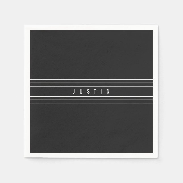 Editable Name & Geometric Stripes | Black & White Napkins (Front)