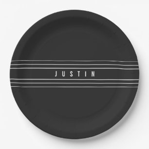 Editable Name & Geometric Stripes   Black & White Paper Plates