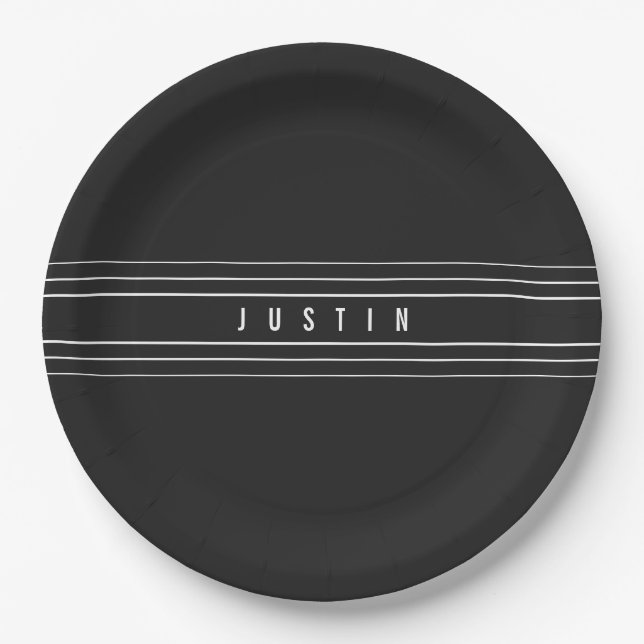 Editable Name & Geometric Stripes | Black & White Paper Plates (Front)