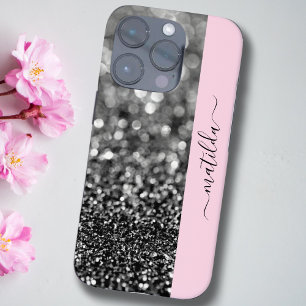 EDITABLE name Glitter Bokeh graphite & baby pink  iPhone 16 Pro Case