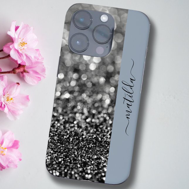 EDITABLE name Glitter Bokeh graphite & dusty blue Case-Mate iPhone Case (Creator Uploaded)