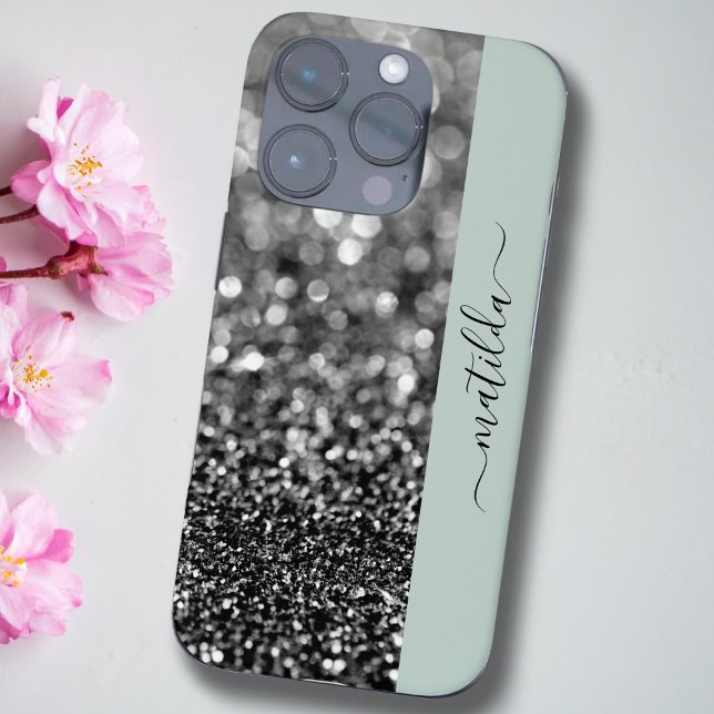 EDITABLE name Glitter Bokeh graphite & sage green  Case-Mate iPhone Case (Creator Uploaded)