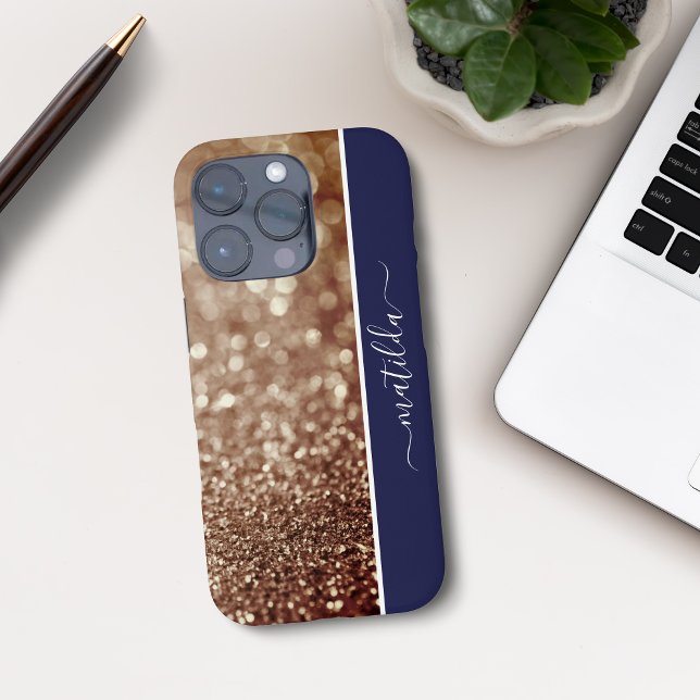 EDITABLE name Glitter Bokeh rose gold & rich blue Case-Mate iPhone Case (Creator Uploaded)