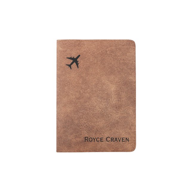 Editable Name Initials Leather Look Airplane Passport Holder (Front)