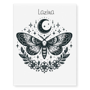 Editable Name Moth Moon Flowers and Stars Temporary Tattoos