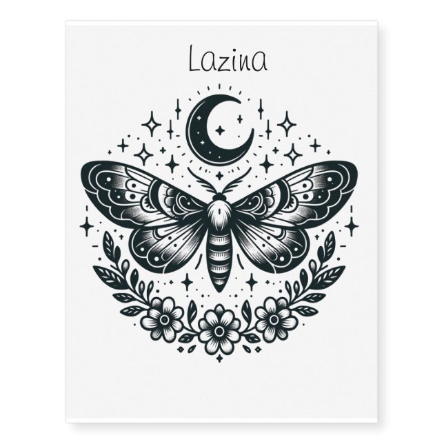 Editable Name Moth Moon Flowers and Stars Temporary Tattoos (Front)