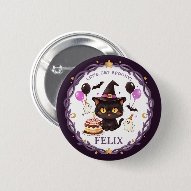[Editable Name] Spooky Cute Witch Black Cat Wizard Button (Front & Back)
