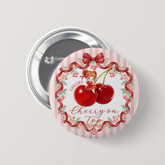 [Editable Name] Sweet Cherry on Top Pink Girl Button (Front & Back)