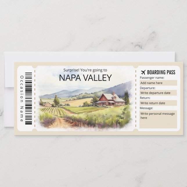 Editable Napa Valley Plane ticket, California  Invitation (Front)