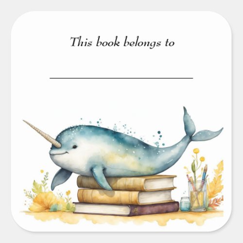Editable Narwhal and Books Bookplate Sticker