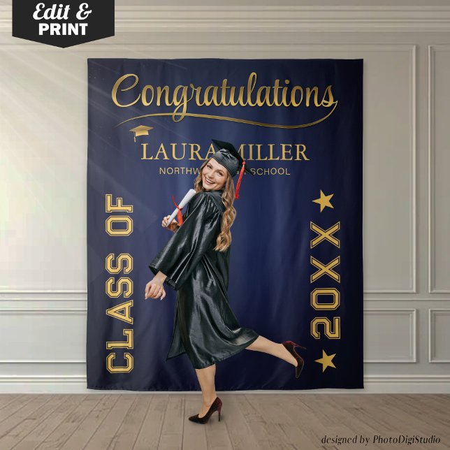 Editable Navy & Gold Graduation Photo Backdrop (Editable Navy & Gold Graduation Photo Backdrop)