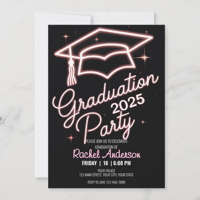 Editable Neon Dinner Graduation Lens Flare Pink Invitation (Front)