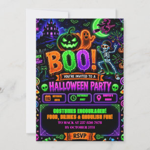Editable Neon Halloween Birthday Invitation