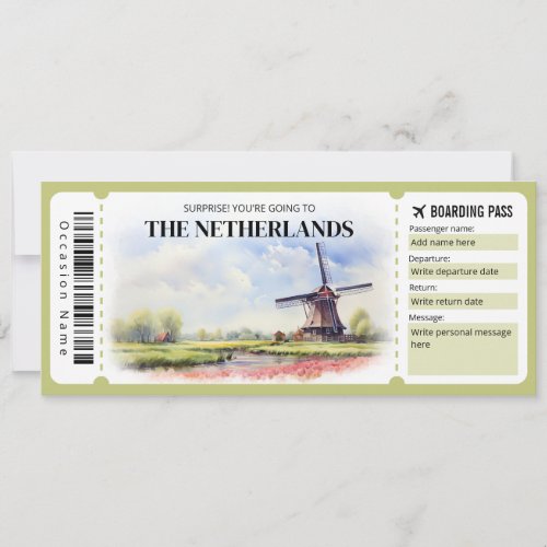 Editable Netherlands Boarding Pass Plane ticket Invitation