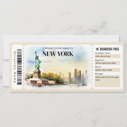 Editable New York Boarding Pass Plane ticket Invitation