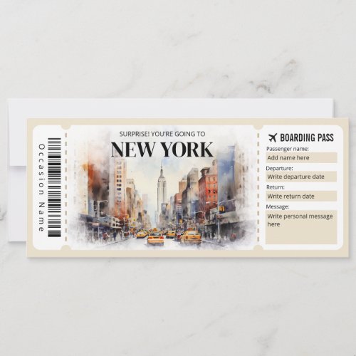 Editable New York Boarding Pass Plane ticket Invitation