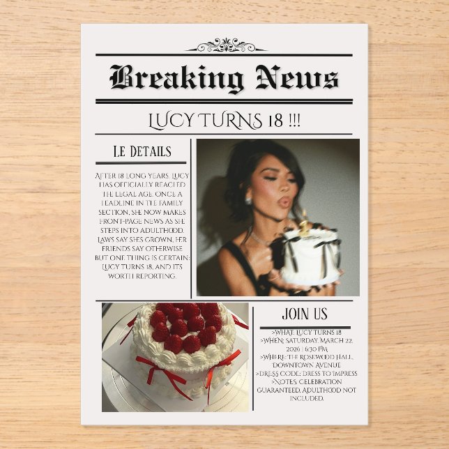 Editable Newspaper Birthday Invitation Template  (Front)