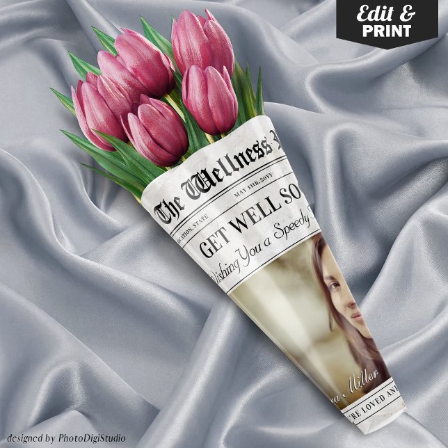 Editable Newspaper Get Well Soon Flower Bouquet Wrapping Paper Sheets (Editable Newspaper Get Well Soon Flower Bouquet Wrapping Paper Sheets)