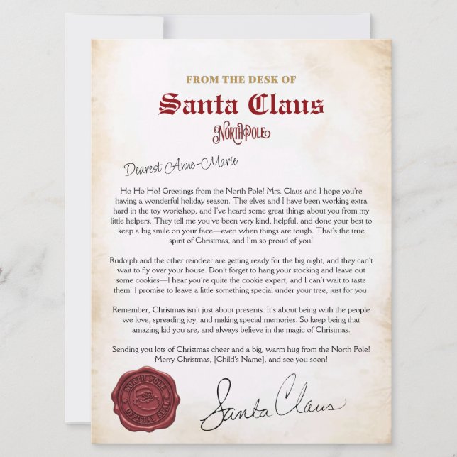 Editable North Pole Christmas Letter From Santa  Card (Front)