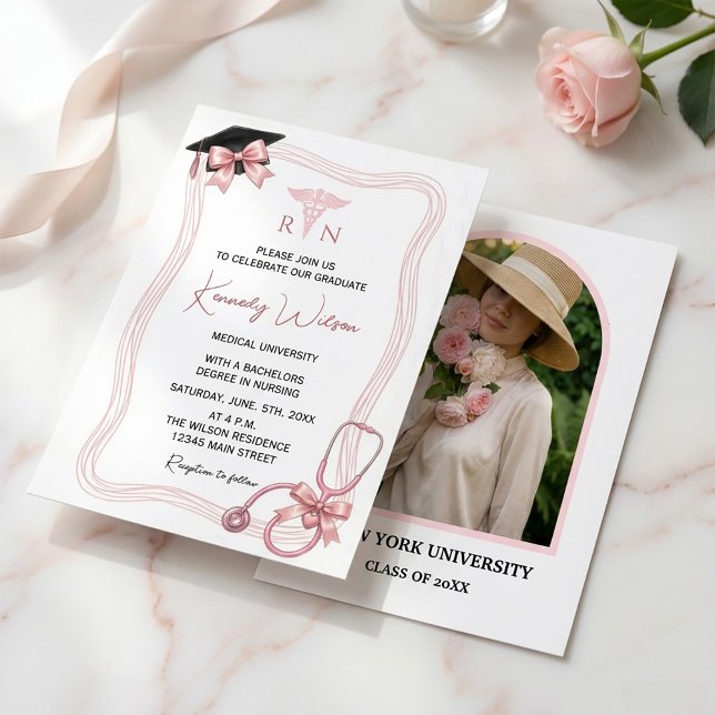 Editable Nursing Graduation Invitation with Photo (Editable Nursing Graduation Invitation with Photo #pinkbowblackcap #nursing #medicalinvitation #chic)