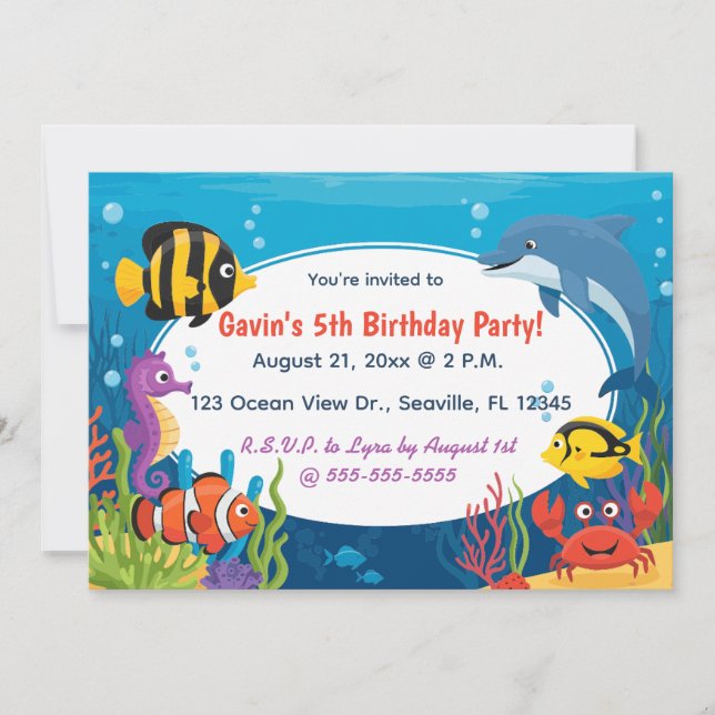 Editable Ocean Creatures Birthday Invitation (Front)