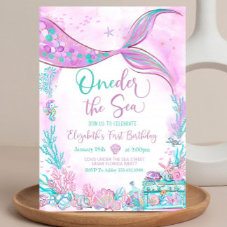Editable Oneder the Sea Mermaid Purple Teal First Invitation