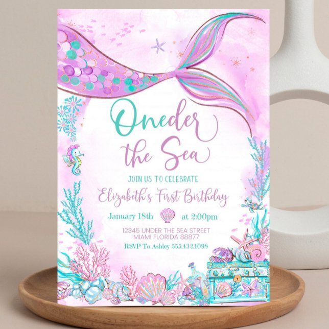 Editable Oneder the Sea Mermaid Purple Teal First  Invitation (Creator Uploaded)