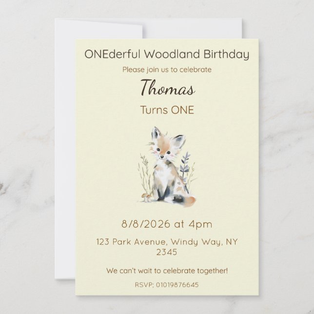 Editable ONEderful Woodland Birthday Invitation (Front)