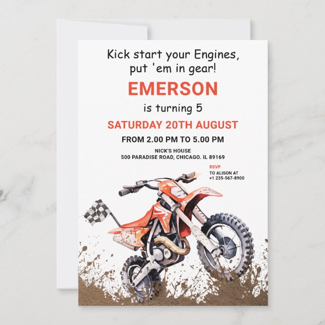 Editable Orange Dirt Bike Birthday Invitation (Front)