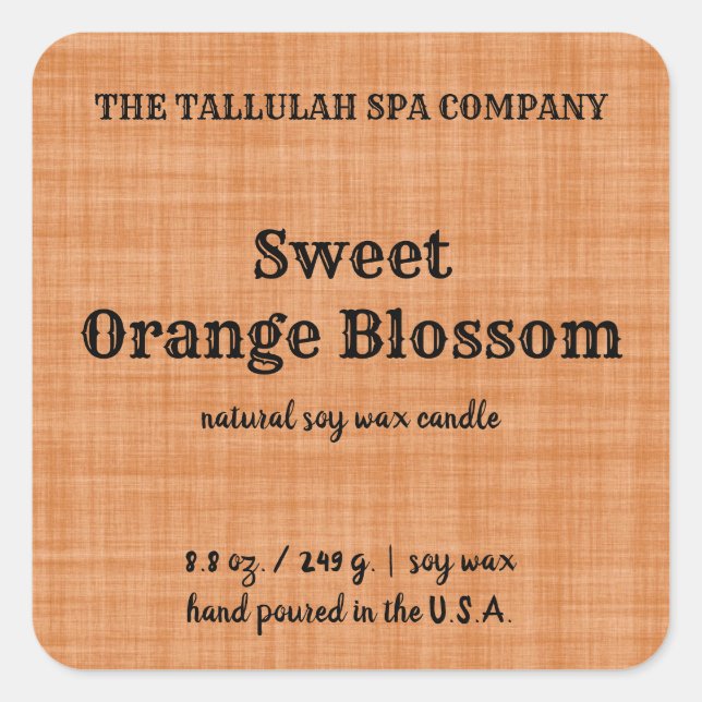 Editable Orange Linen Candle Label (Front)
