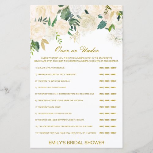 Editable Over or Under Bridal Shower Game