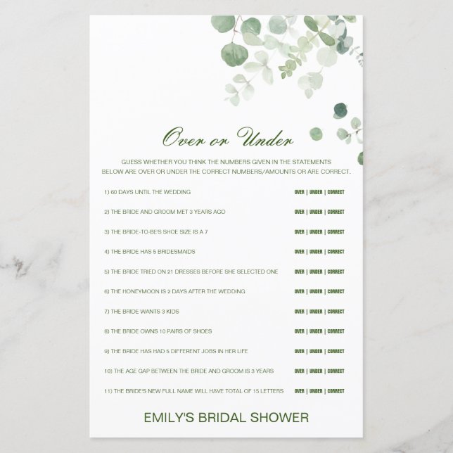 Editable Over or Under Bridal Shower Game (Front)